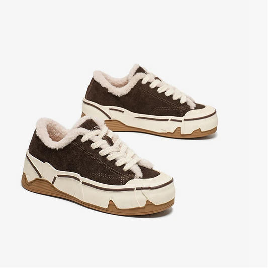 Brown sneakers with white laces and soles on a white background, branded