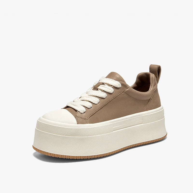 Cow Leather Platform Solid Color Round Toe Lace-up Sneakers