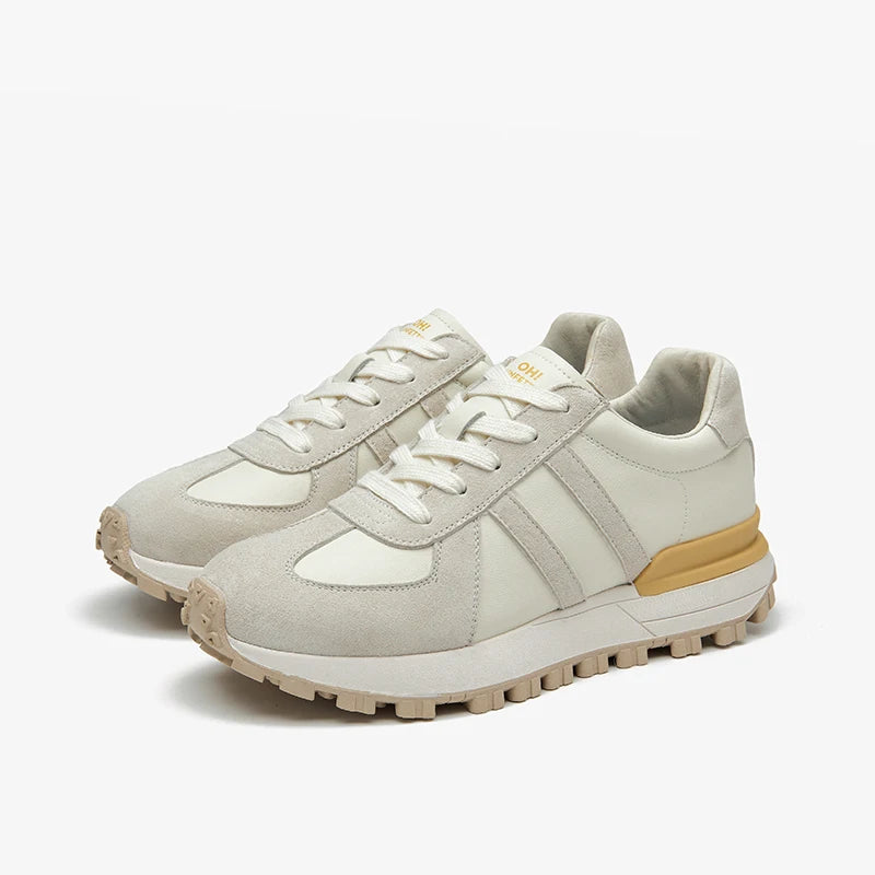 Women Pig Suede Patchwork Round Toe Thick Sole Lace-up Sneakers