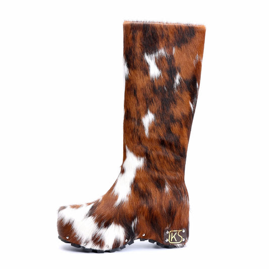 Handmade Real Calf Hair Platform Knee-High Studded Boots | Genuine Wool Lining