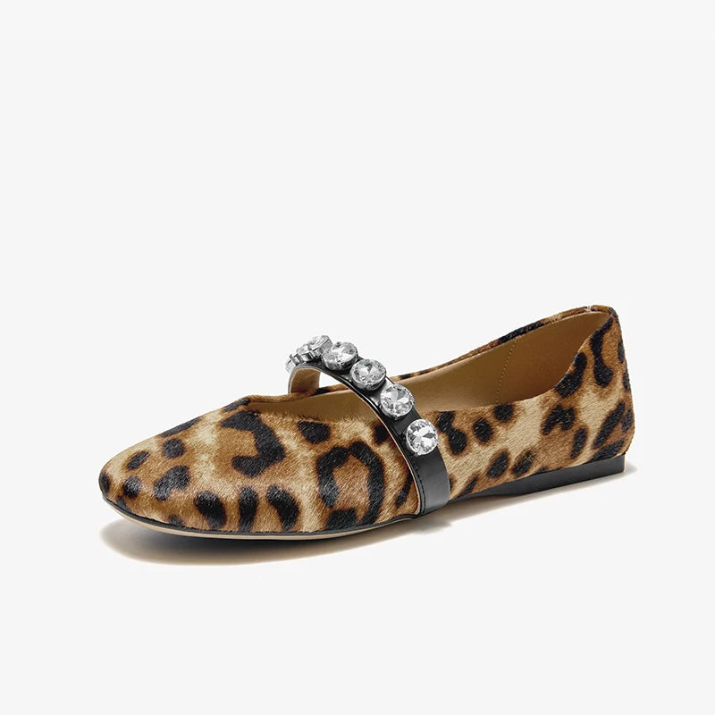 BEAUTODAY Mary Janes Shoes leopard Women Soft Horsehair Crystal Decoration Round Toe Ballet Flats Ladies Slip-on Handmade 28365