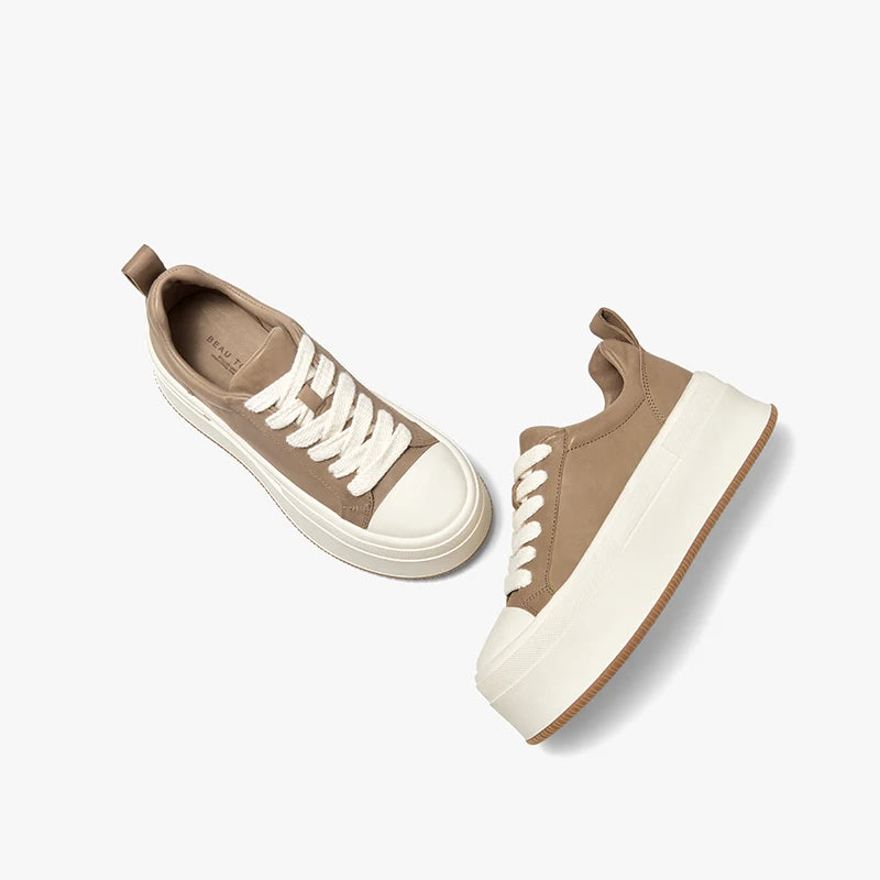 Cow Leather Platform Solid Color Round Toe Lace-up Sneakers