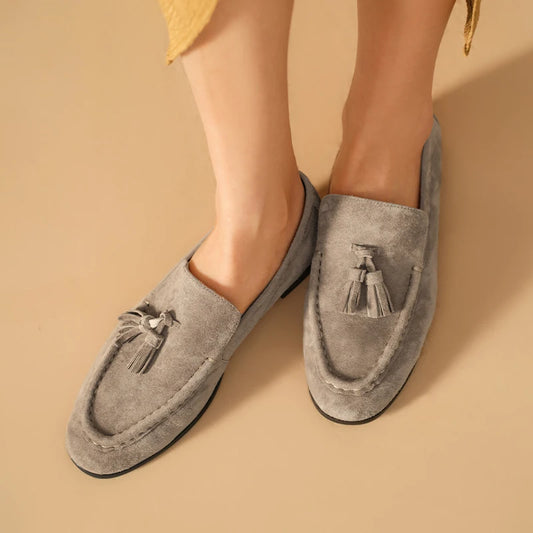 Kid Suede Leather Tassel Round Toe Slip On Casual Loafers