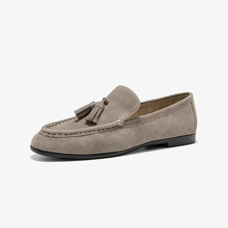 Kid Suede Leather Tassel Round Toe Slip On Casual Loafers