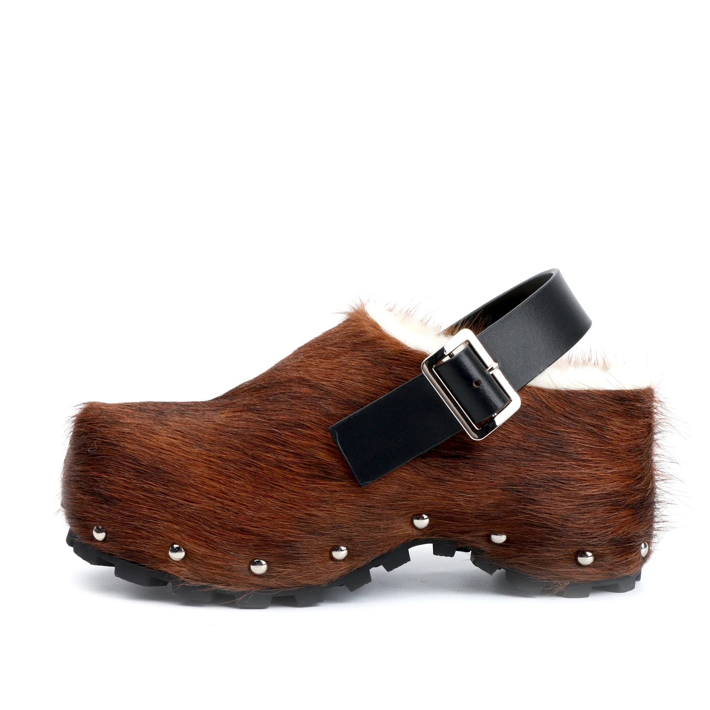 Real Calf Hair Leather Lined Slip On Platform Mules Clogs