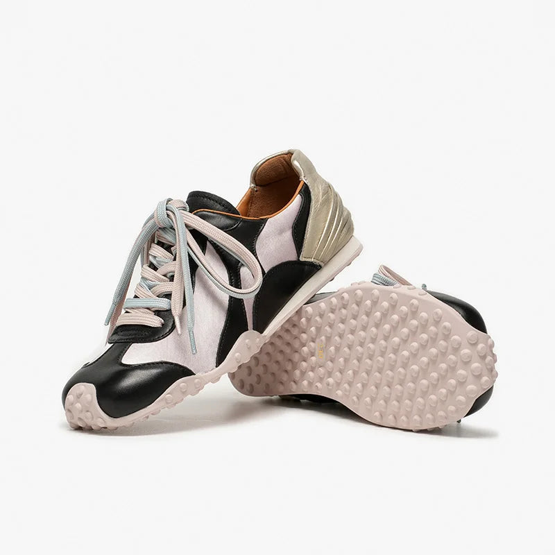 Cow Leather & Denim Mixed Color Patchwork Lace-Up Round Toe Retro Sneakers