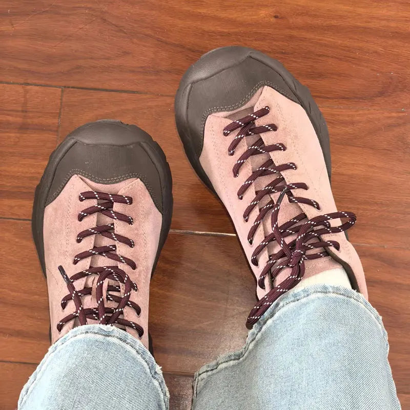 Cow Suede Leather Round Toe Lace up Platform Hiking Shoes