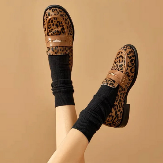 Cowhide Round Toe Square Heel Leopard Print Penny Loafers