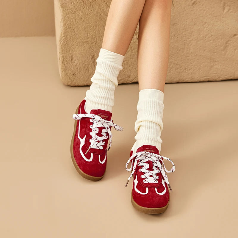 Cow Suede Leather Mixed Colors Lace-up Patchwork Round Toe Skate Sneakers