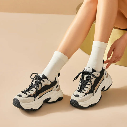 Suede Leather Breathable Mesh Mixed Color Thick Sole Platform Sneakers