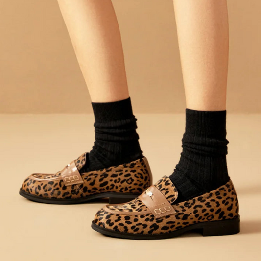 Cowhide Round Toe Square Heel Leopard Print Penny Loafers