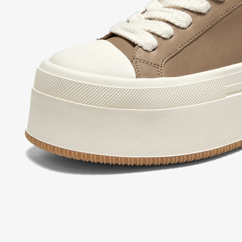 Cow Leather Platform Solid Color Round Toe Lace-up Sneakers