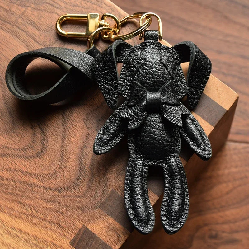 Handmade Leather Cute Rabbit Bag Charm Keychain Key Ring for gift