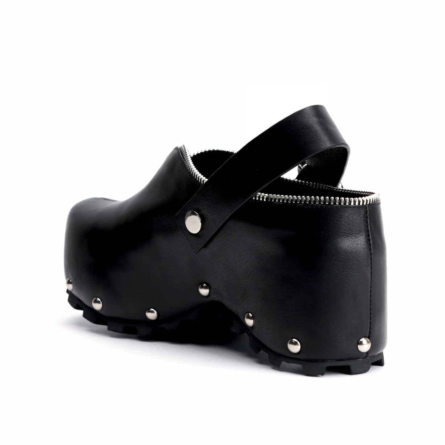 Black Studded Leather Platform Clogs with Arch Support, Zipper Detail