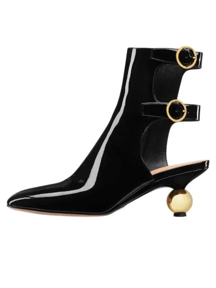 Low Heel Lacquered Leather Boots with Empty Rear Metal Buckle