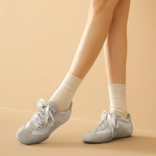 Cow Suede Leather Patchwork Ribbon Lace-up Ballet Sneakers