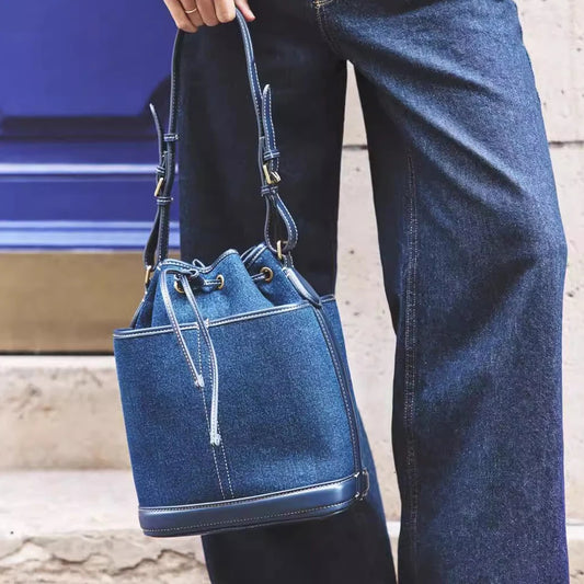 Vyne Denim & Canvas Shoulder Bucket Bag with Drawstring