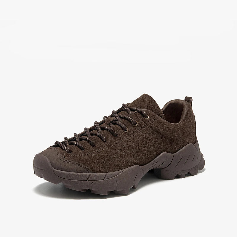 Brown sneaker on a white background with size guidance text.