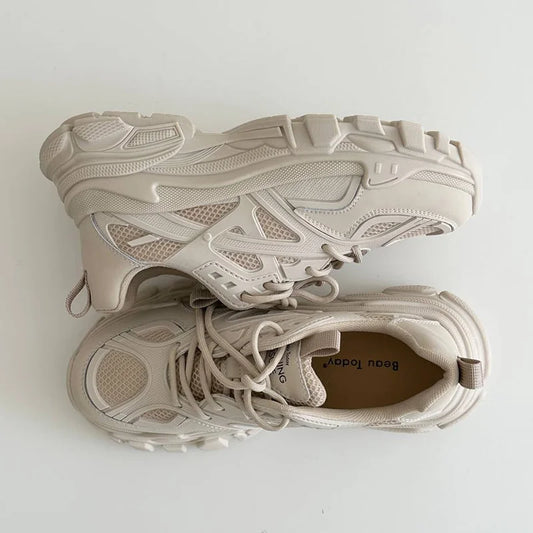 Women's Chunky Synthetic Leather Mesh Patchwork Round Toe Lace-Up Sneakers