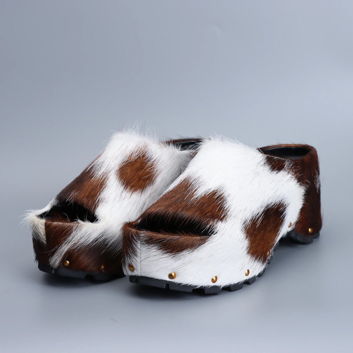 Real Calf Hair Leather Lined Slip On Platform Mules Clogs