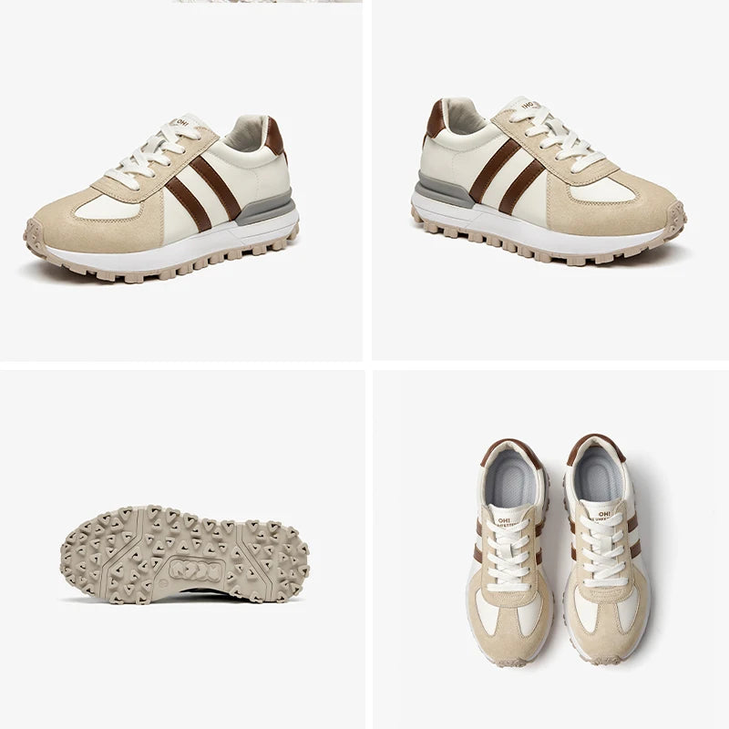 Women Pig Suede Patchwork Round Toe Thick Sole Lace-up Sneakers