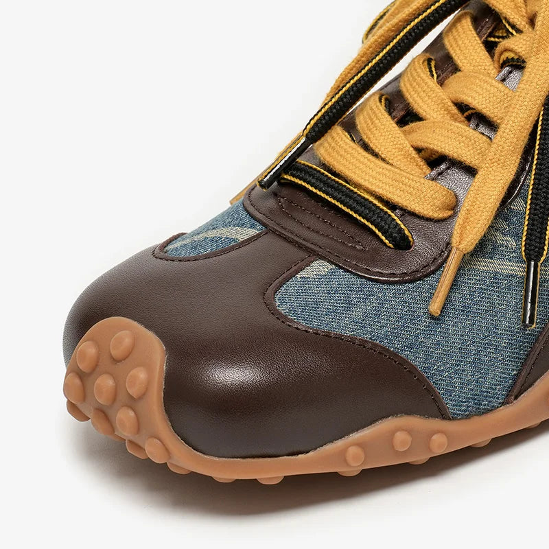 Cow Leather & Denim Mixed Color Patchwork Lace-Up Round Toe Retro Sneakers