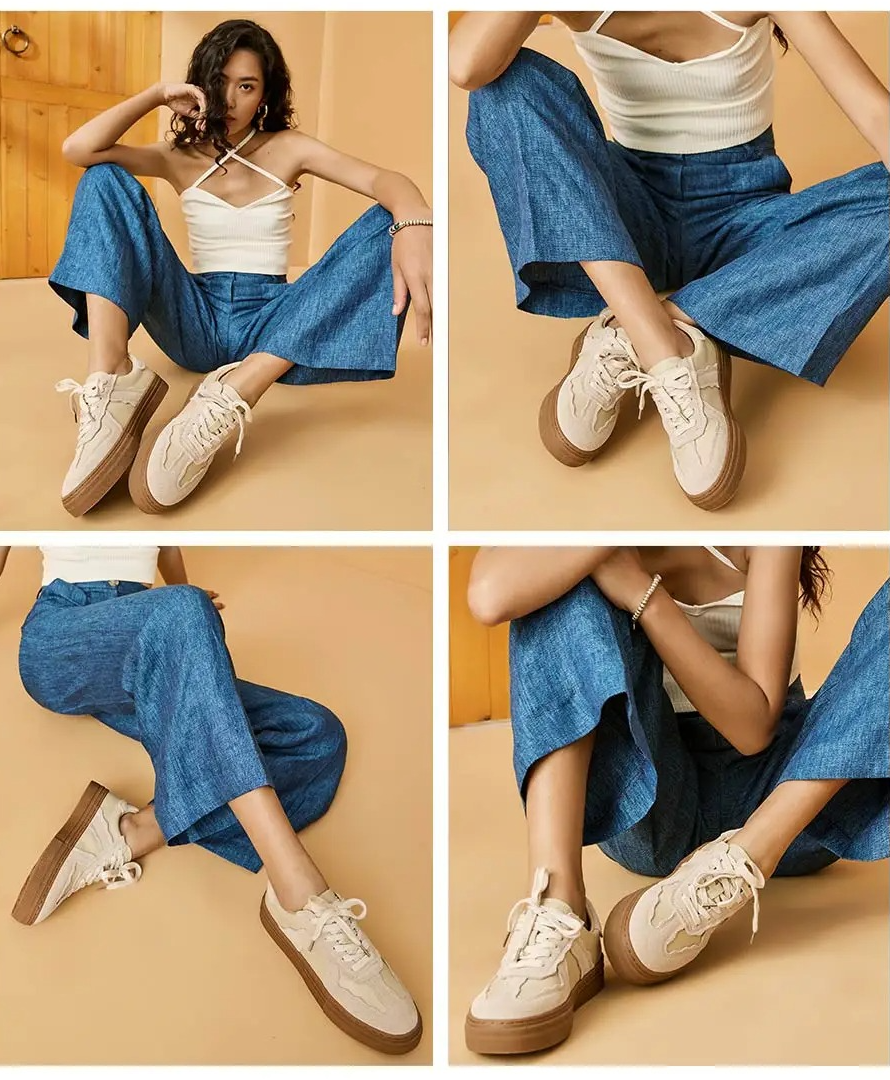 Four panel collage of a person wearing blue pants and beige sneakers on a beige background
