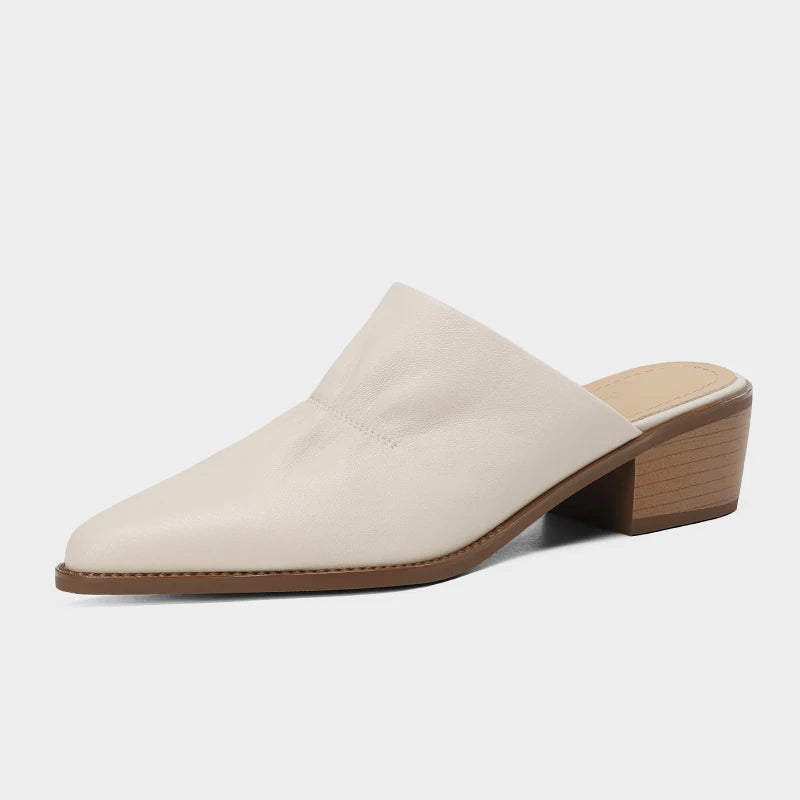 Real Leather Chunky Heel Mule Slides