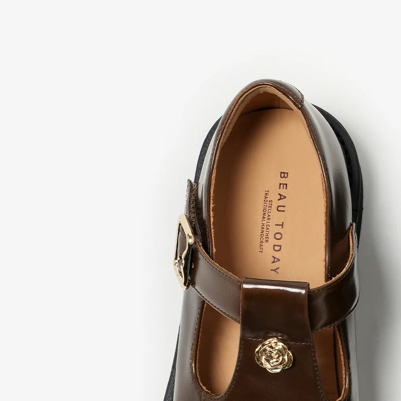 Vintage Cow Leather Round Toe Metal Flower Buckle Strap Mary Janes