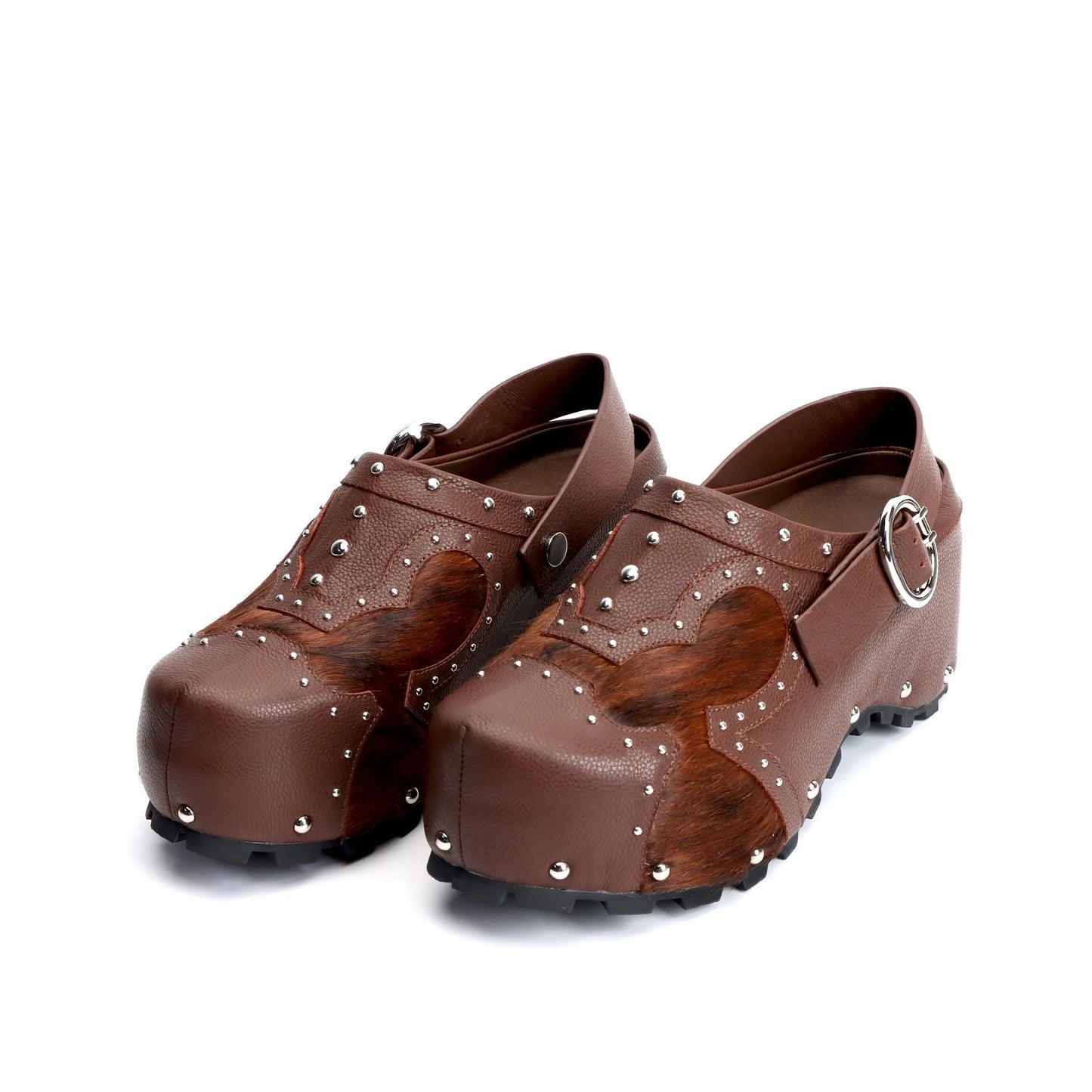 Studded Cowhide Platform Clogs
