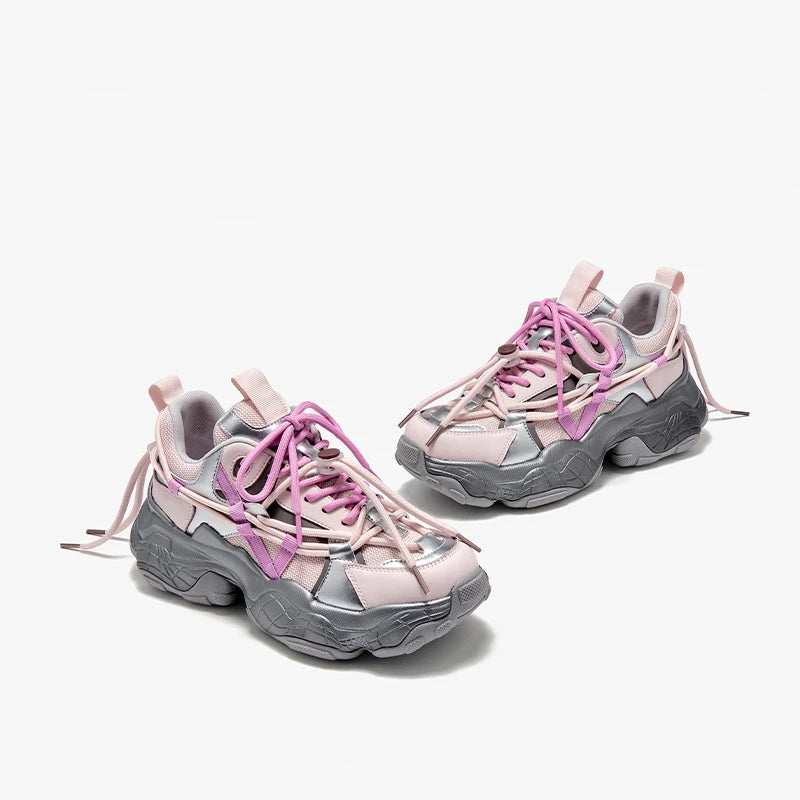 Chunky Casual Mesh Mixed Color Lace Up Thick Heel Shoes