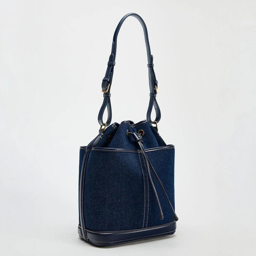 Vyne Denim & Canvas Shoulder Bucket Bag with Drawstring