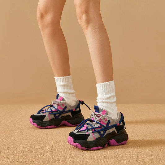 Mesh Leather Patchwork Double Lace-Up Platform Chunky Sneakers