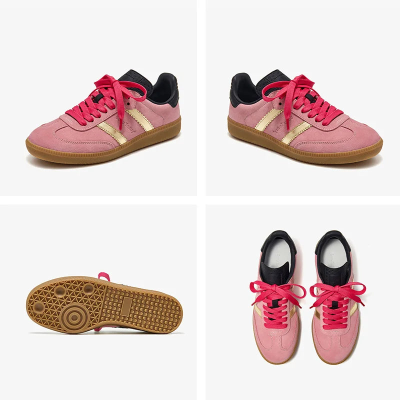 Cow Suede Patchwork Leather Lace Up Pink Sneakers