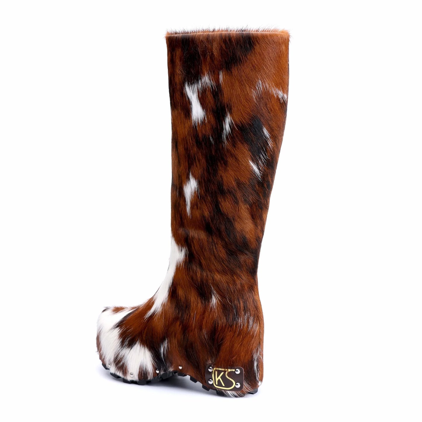 Handmade Real Calf Hair Platform Knee-High Studded Boots | Genuine Wool Lining