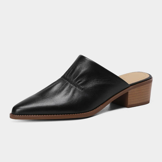 Real Leather Chunky Heel Mule Slides