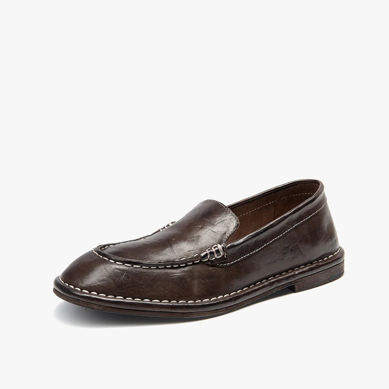 Horse Leather Round Toe Retro Slip-on  Loafers