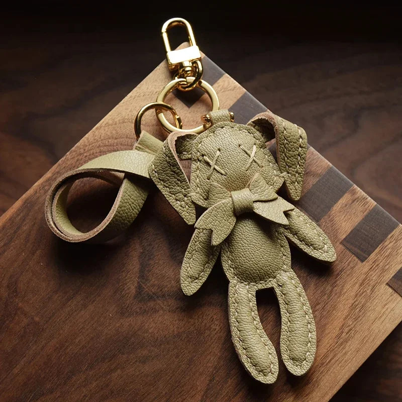 Handmade Leather Cute Rabbit Bag Charm Keychain Key Ring for gift