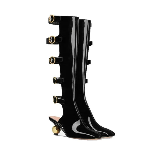 Low Heel Lacquered Leather Boots with Empty Rear Metal Buckle