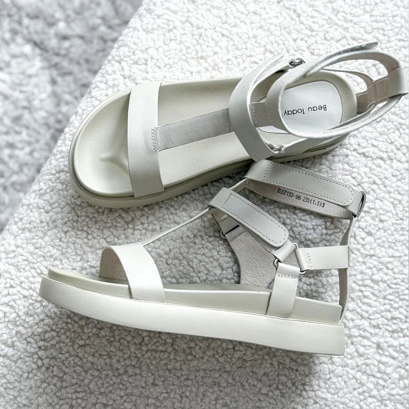 Calfskin Leather Open Toe T-Strap Gladiator Sandals