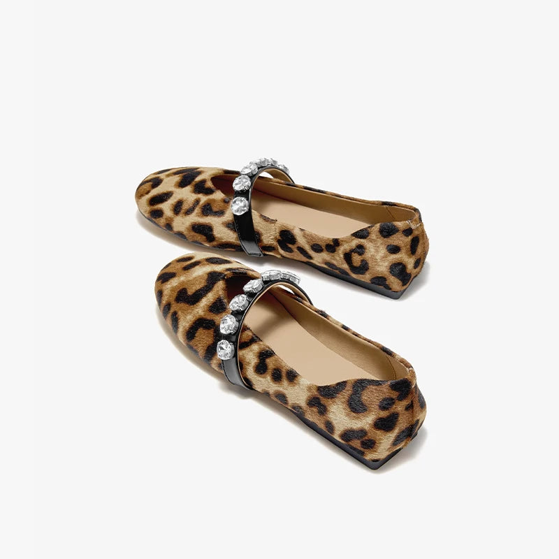 BEAUTODAY Mary Janes Shoes leopard Women Soft Horsehair Crystal Decoration Round Toe Ballet Flats Ladies Slip-on Handmade 28365