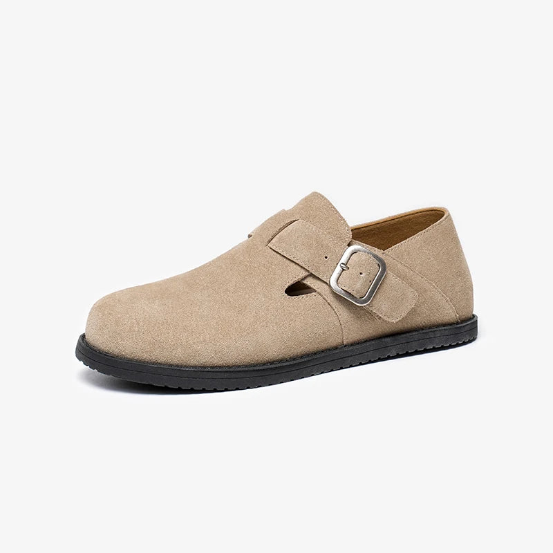 Cow Suede Leather Buckle Strap Round Toe Casual Flats