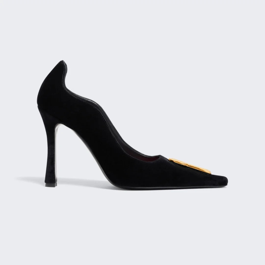 Black Pointed Toe Metal Buckle Slip On  Pumps