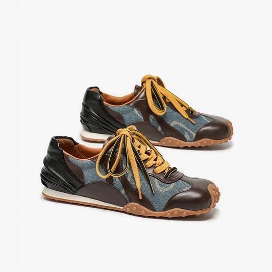 Cow Leather & Denim Mixed Color Patchwork Lace-Up Round Toe Retro Sneakers