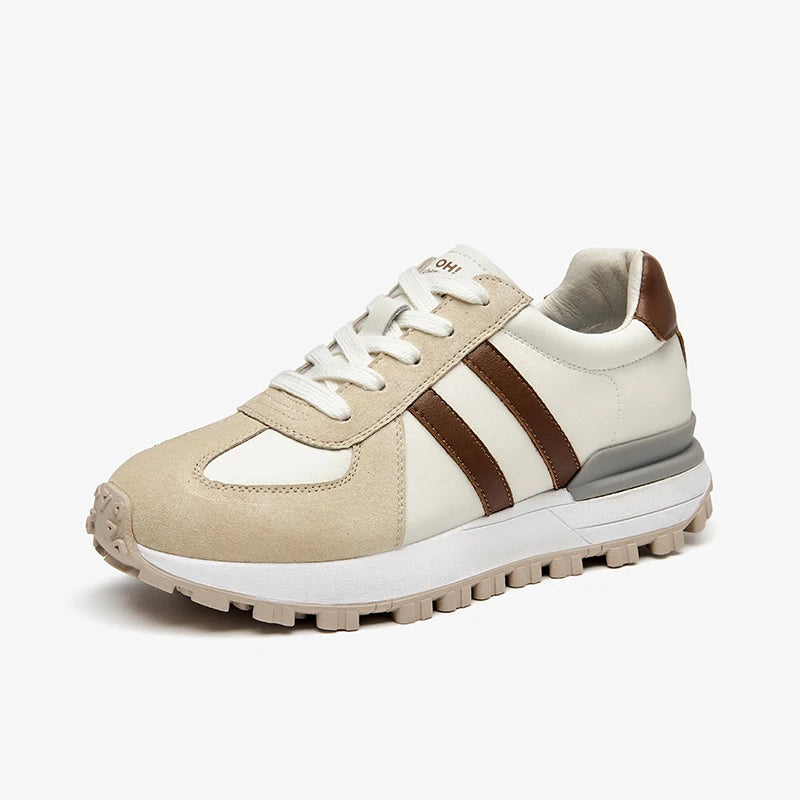 Women Pig Suede Patchwork Round Toe Thick Sole Lace-up Sneakers