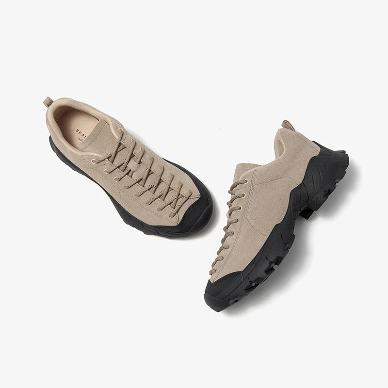 Cow Suede Leather Round Toe Lace up Platform Hiking Shoes