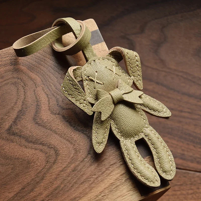 Handmade Leather Cute Rabbit Bag Charm Keychain Key Ring for gift