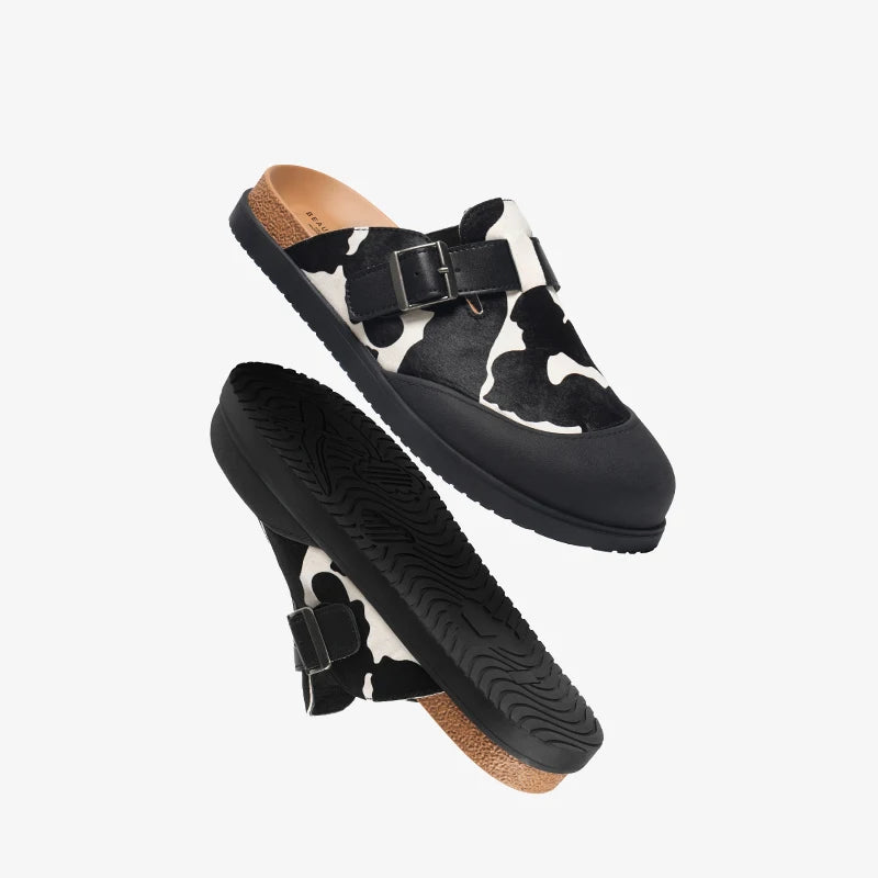 Casual Cow Leather Cow Pattern Round Toe Slippers