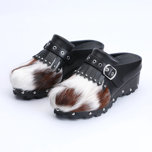 Handmade Cowhide Fur, Rubber Sole, Latex Insole, Tassel Detail Mule Sandals