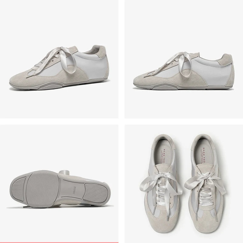 Cow Suede Leather Patchwork Ribbon Lace-up Ballet Sneakers